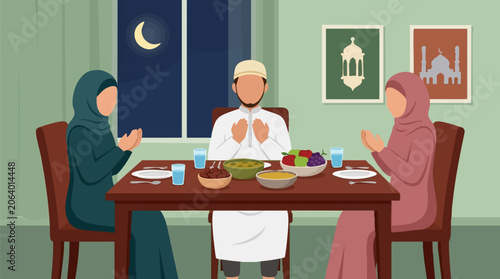 Tableau sur toile Muslim Family Praying Before Iftar Meal During Ramadan at Home