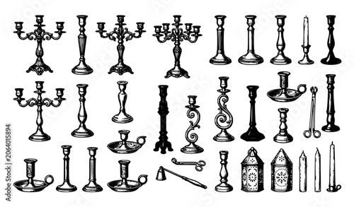 Картината върху платно Antique Candlestick Hand Drawn Vector Set with Vintage Candle Holders