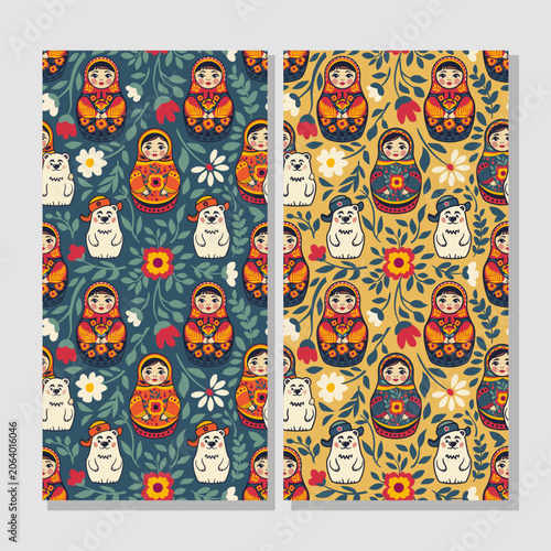 Folk Matryoshka and Bear Seamless Pattern Set. Cute Russian Nesting Dolls in Ushanka Hat