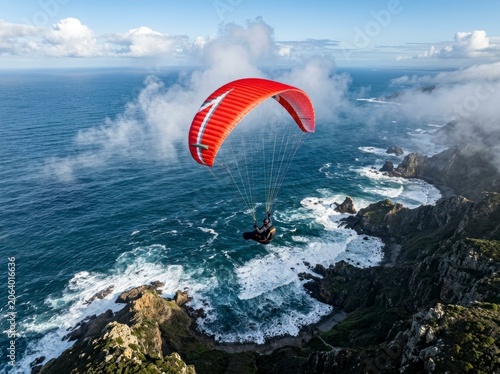 Paraglider flying over ocean cliffs, scenic coastal adventure sport
