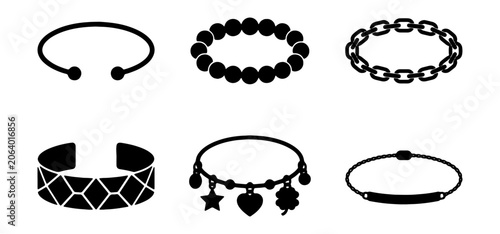 Konstfotografi Minimalist bracelet icon set, black silhouette jewelry vector elements, fashion