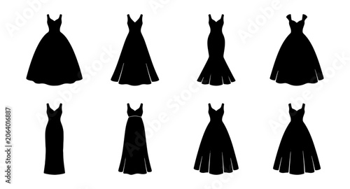 Foto Elegant wedding dress silhouettes, set of 8 bridal gown vector icons