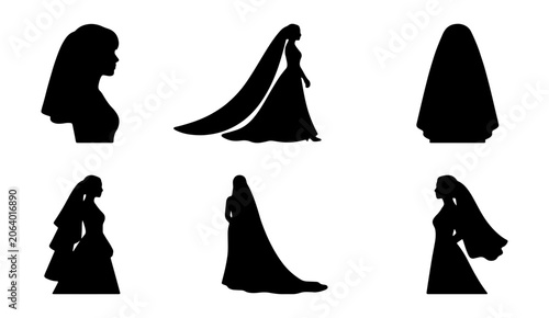 Fotografía Elegant bride silhouette vector collection, six distinct bridal gown and veil pr