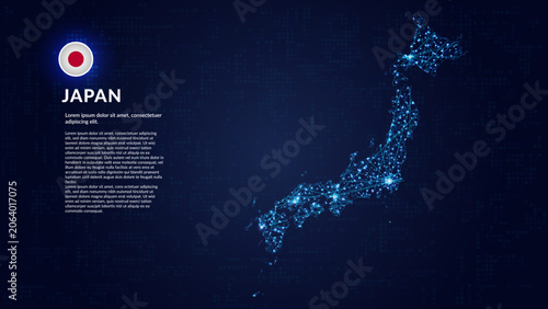 Map of Japan. Digital and interconnected country highlighting most important cities.