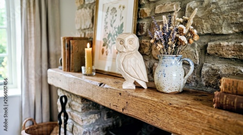 Rustic Fireplace Mantel With Ceramic Owl Figurine and Dried Flower Vase