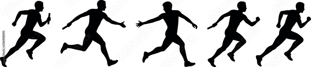Obraz premium Five silhouetted runners in various poses highlighting athletic movement