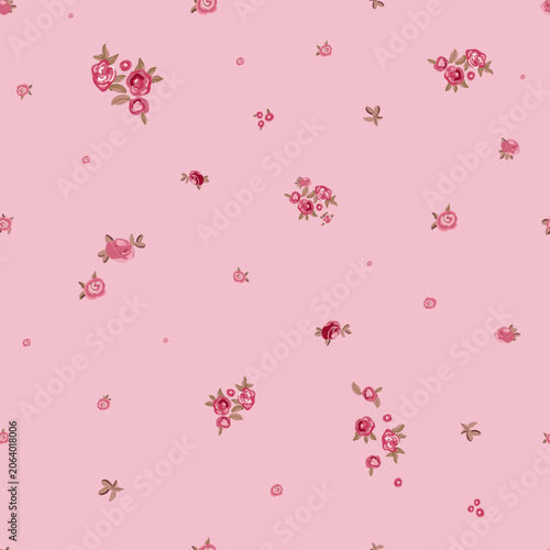 Canvastavla Pink background and pink roses ditsy seamless fabric design pattern