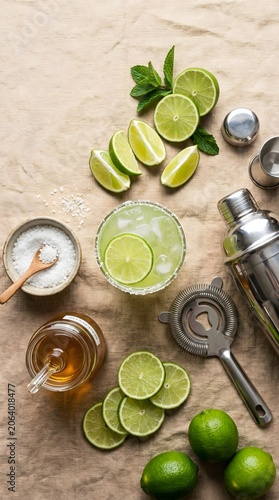 Flat lay margarita cocktail ingredients lime mint salt shaker refreshing summer drink