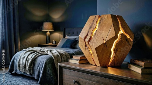 Rustic Wooden Hexagonal Lamp With Warm Light on Nightstand in Cozy Bedroom Setting
