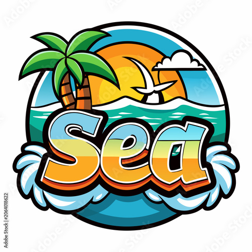 Tropical beach logo with palm tree and sea text