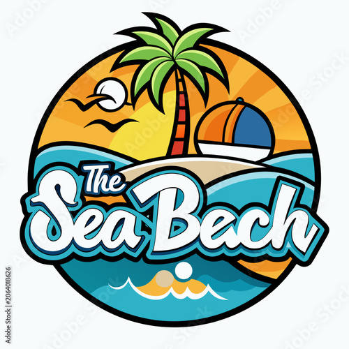 Tropical beach logo design with palm tree and ocean waves