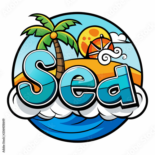 Summer beach logo design with palm tree and sea text
