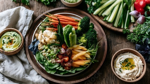 A vibrant and healthy food platter featuring grain bowls and raw vegetable platters with fresh dips and linen napkins