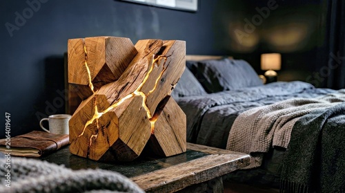 Rustic Wooden X Lamp on Dark Stone Table