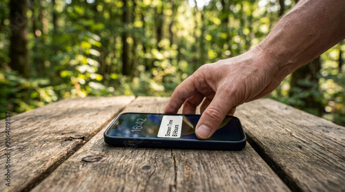 A close-up of a person's hand reaching for a smartphone displaying a Screen Time notification on a rustic wooden picnic table, with a blurred green forest in the background.