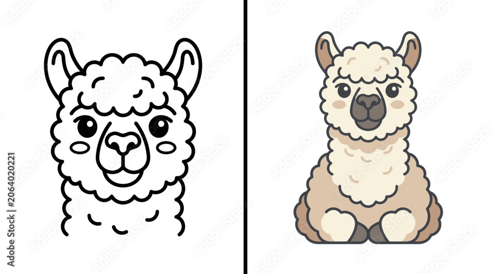Fototapeta premium Cute llama character line art and color illustration set.
