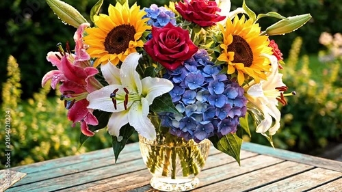 Vibrant floral arrangement in a crystal glass vase on a wooden table featuring yellow sunflowers, red roses, blue hydrangeas, and pink and white lilies with water droplets in a garden.