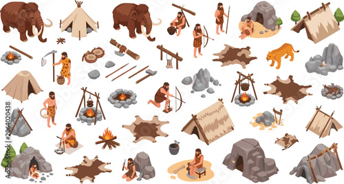 Tableau sur toile Isometric stone age caveman element set with prehistoric primitive humans mammot