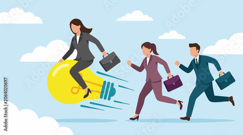 Slika na platnu Businesswoman on flying idea light bulb leads running business people