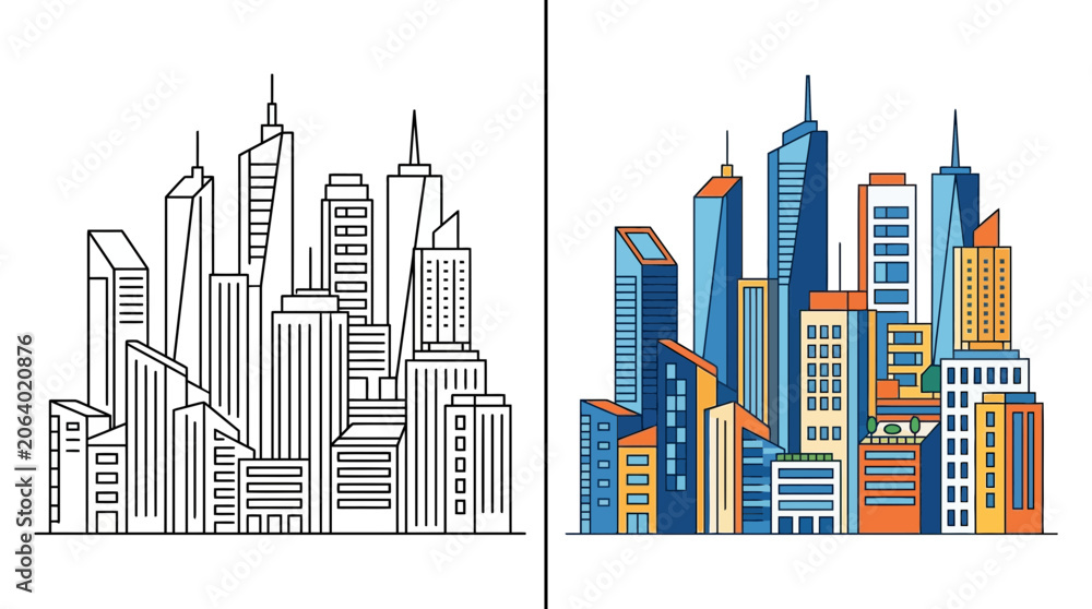 Obraz premium Detailed cityscape line art and flat color building cluster.