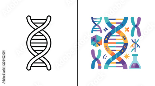 DNA double helix line art and colorful genetic symbols.