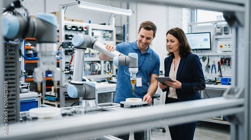 Professional Engineers Working with Collaborative Robotic Arm in Modern Automated Manufacturing Facility