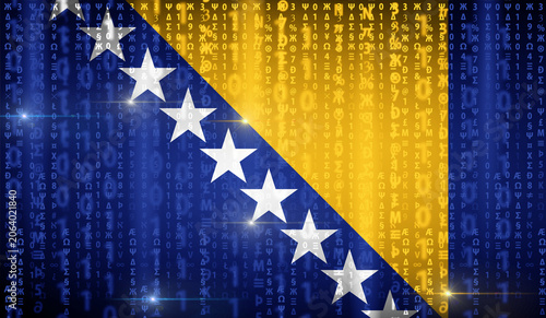 Obraz na płótnie Flag of Bosnia and Herzegovina on a background of mixed digital symbols, binary numbers, programming characters, and cyber code patterns