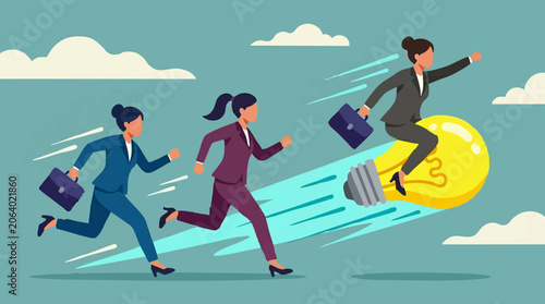 Slika na platnu Businesswomen racing with innovation, one flying ahead on a lightbulb