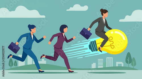 Photos Innovative businesswoman flying on lightbulb, outperforming rivals in business r