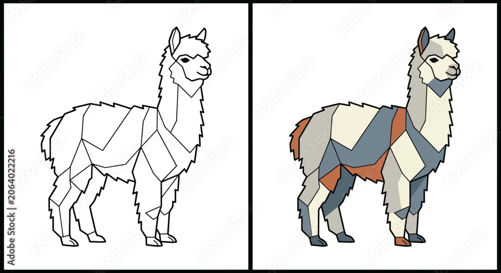 Obraz premium Geometric alpaca standing coloring comparison.
