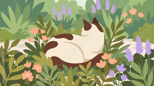 Konstfotografi Peaceful cat sleeping in a vibrant garden with colorful flowers illustration
