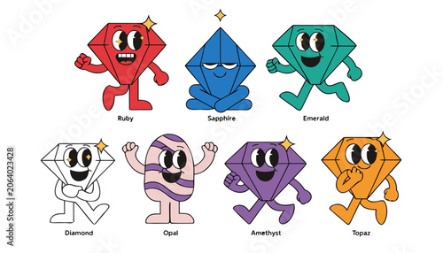Very beautiful colorful cartoon character set featuring smiling ruby, sapphire, emerald, diamond, opal, amethyst, and topaz gemstones with sparkling eyes, adorable expressions, shiny crystal textures,