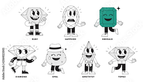 Schilderij op canvas Very beautiful black-and-white cartoon character set featuring ruby, sapphire, e
