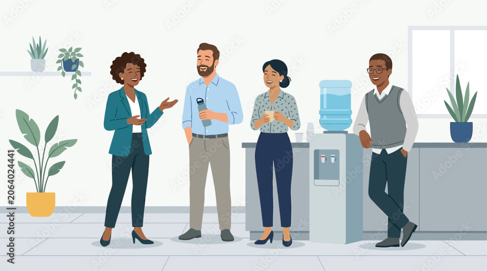 Obraz premium A lively flat design illustration showing diverse employees enjoying friendly small talk and laughter around a water cooler in a modern office pantry.