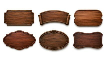 Set of six empty wooden signs with rustic dark brown texture and decorative edges