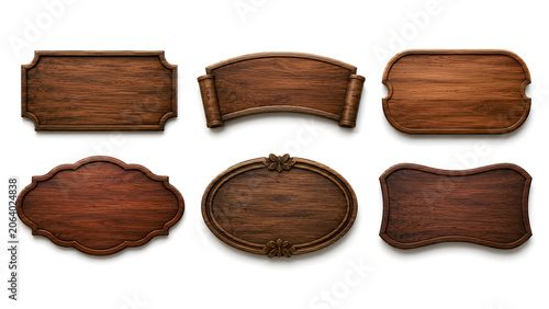 Set of six empty wooden signs with rustic dark brown texture and decorative edges