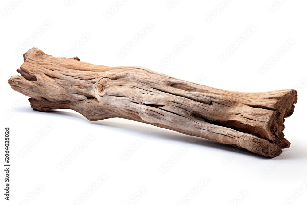 Fototapeta premium Driftwood plank log white background timber branch.