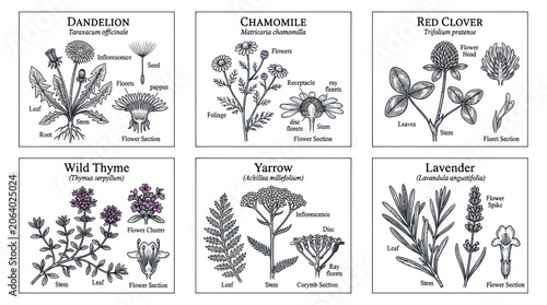Obraz na płótnie Herbal Botanical Illustrations: Dandelion, Chamomile, Red Clover, Thyme, Yarrow,