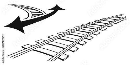 Quadro em tela Graphic illustration of curved railway tracks and directional arrows representin