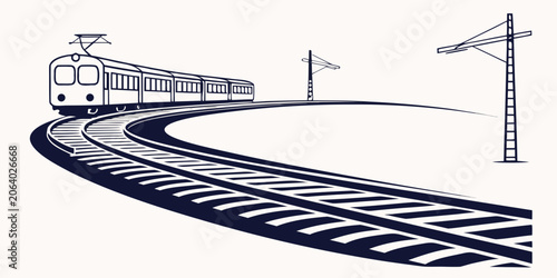 Tableau sur toile Electric passenger train moving on curved railway tracks with overhead catenary