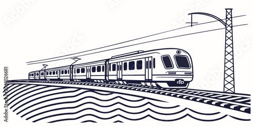Obraz na plátne Modern commuter train on electric railway track over stylized water waves graphi