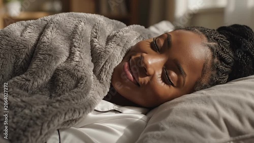 Close-up of a smiling Black woman with braided hair sleeping in bed under a gray textured blanket, natural sunlight on her face, indoors, morning light, domestic bedroom setting.