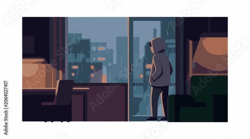 A person stands in a dimly lit room looking out at a cityscape through a glass door
