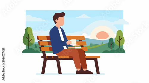 A man sits on a bench with a cup in a natural landscape