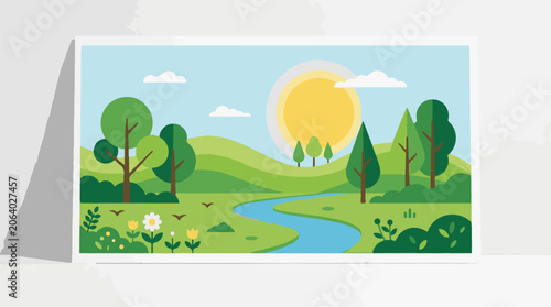 A serene landscape with rolling hills, trees, and a winding river (6)