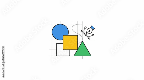A simple geometric composition with blue circle, yellow square, green triangle, and white square on grid