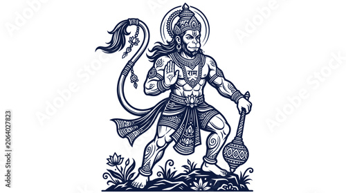 Tableau sur toile Hindu god hanuman standing with mace in blessing pose