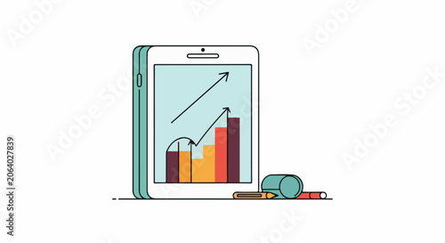 A smartphone displaying a colorful bar graph with an upward trend