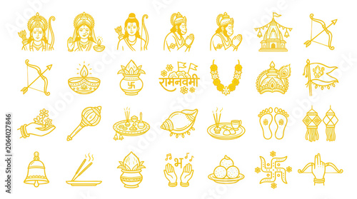 Canvastavla Traditional hindu religious symbols and deities in golden line art