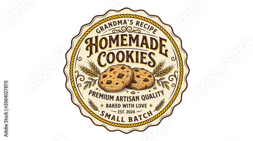 Vintage homemade cookie badge logo with chocolate chips and wheat